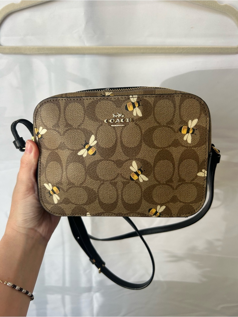 Coach Mini Camera bag Brown Signature Bee Print Crossbody Gold Hardware Like new
